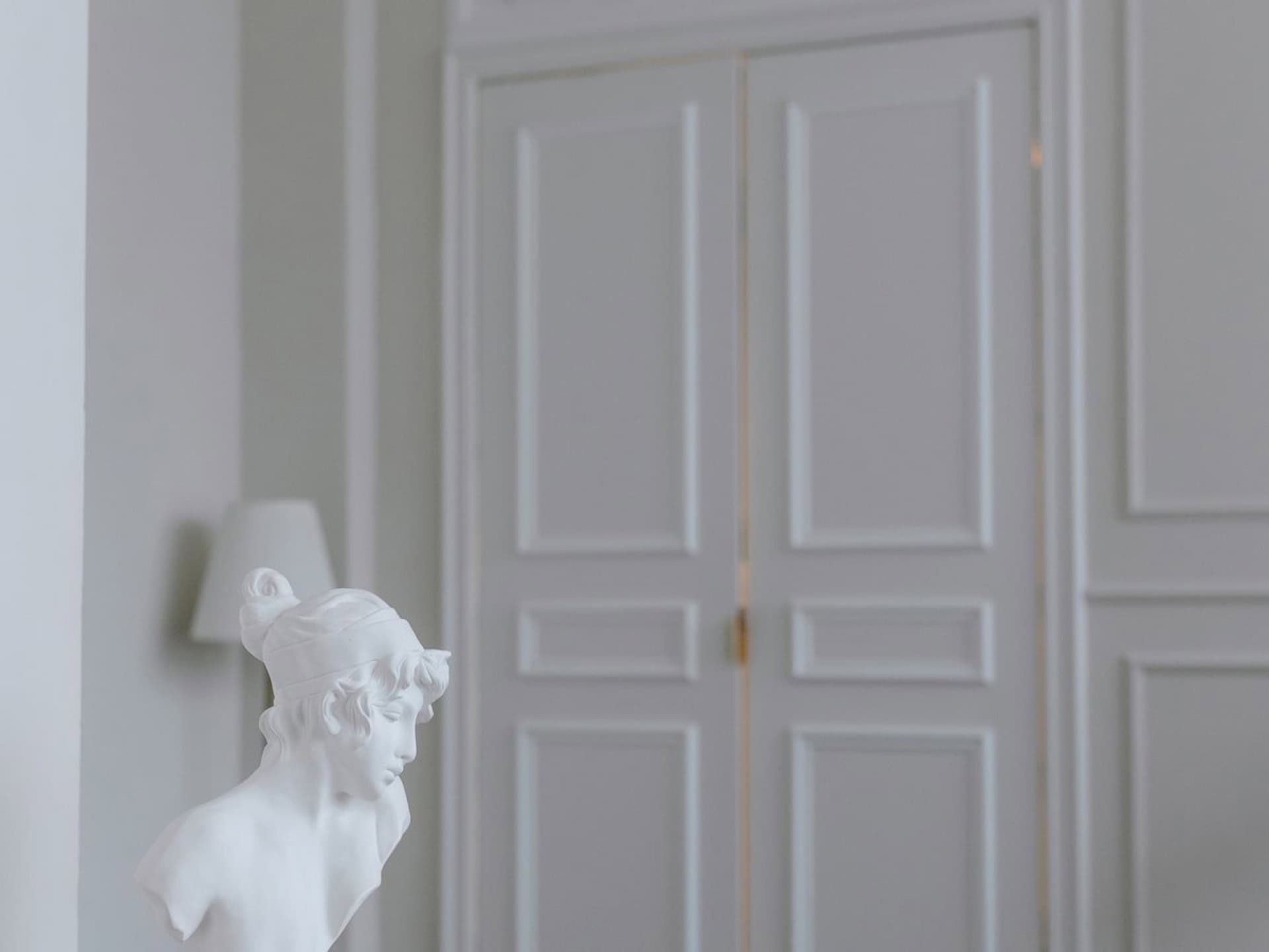 Pair of white panelled interior double doors with brass hardware in a pale grey room